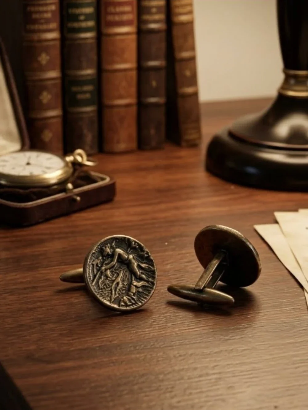 Vintage Cufflinks Hunter Sporting Dog and Rifle Embossed Brass Gold Plated